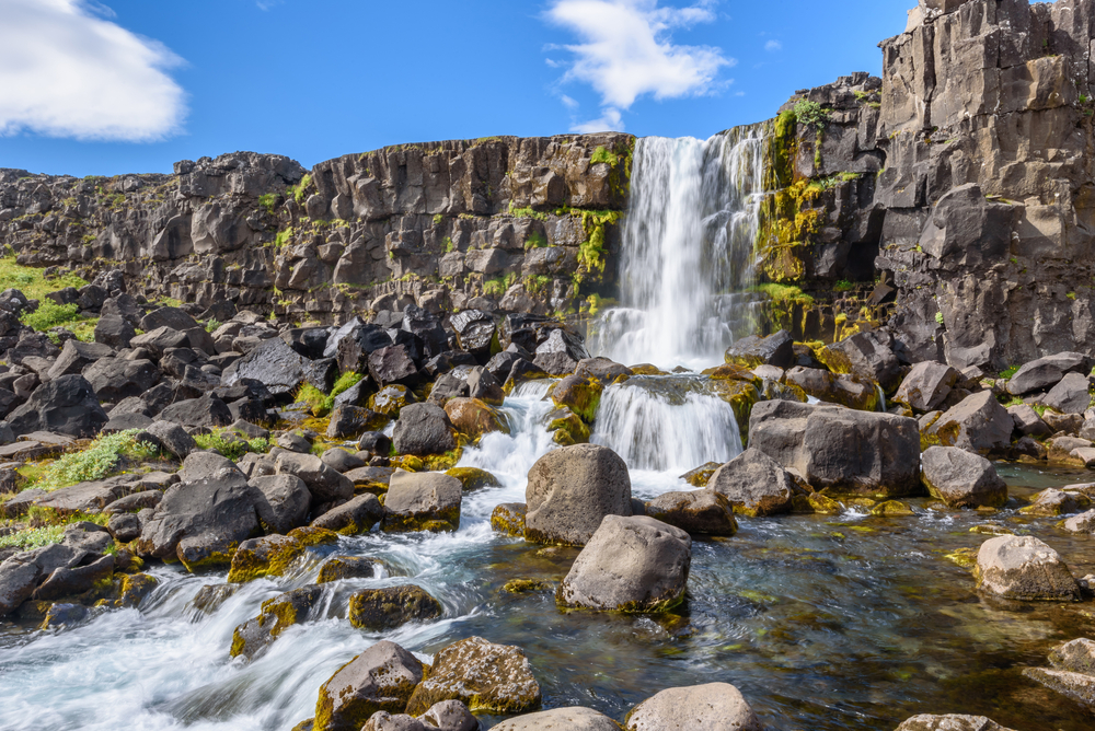 Thingvellir national park. Öxnarfoss waterfall in Thingvellir national park.