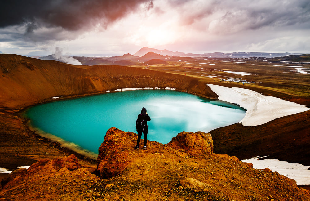 Myvatn geothermal area. Blue crater lake at Myvatn geothermal area.