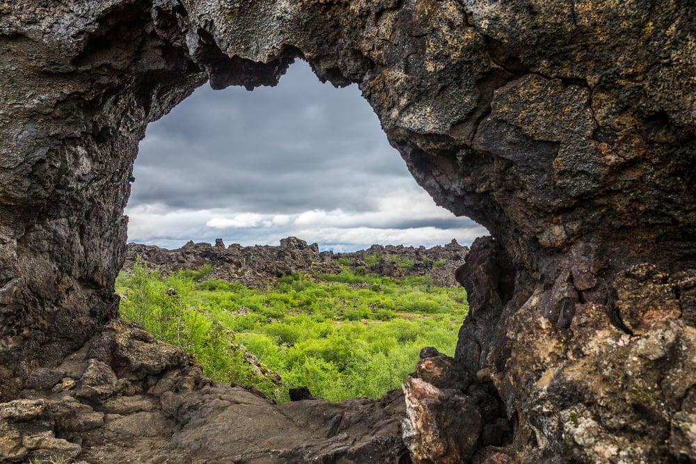 Dimmuborgir. Lava window in Dimmuborgir, north Iceland.