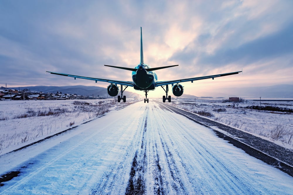 Airplane landing at Kef airport in Iceland.