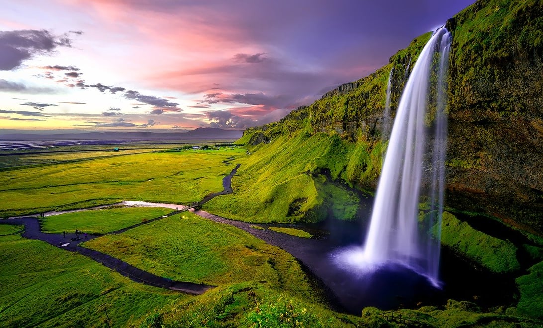 Seljalandsfoss in summer. Seljalandsfoss waterfall on Iceland's south coast in summer.