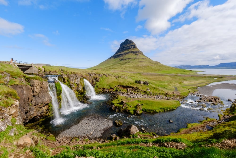 Kirkjufell. Kirkjufell mountain and waterfall in summer at Snæfellsnes.