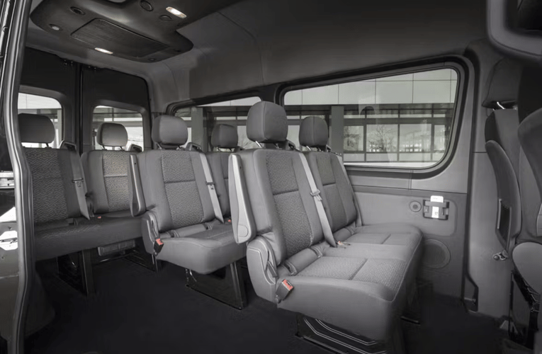 Mercedes Benz Sprinter interior whit grey seats.