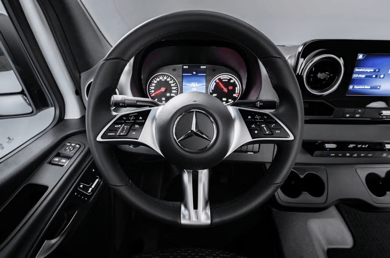 Mercedes Benz Sprinter interior steering wheel and controls. 