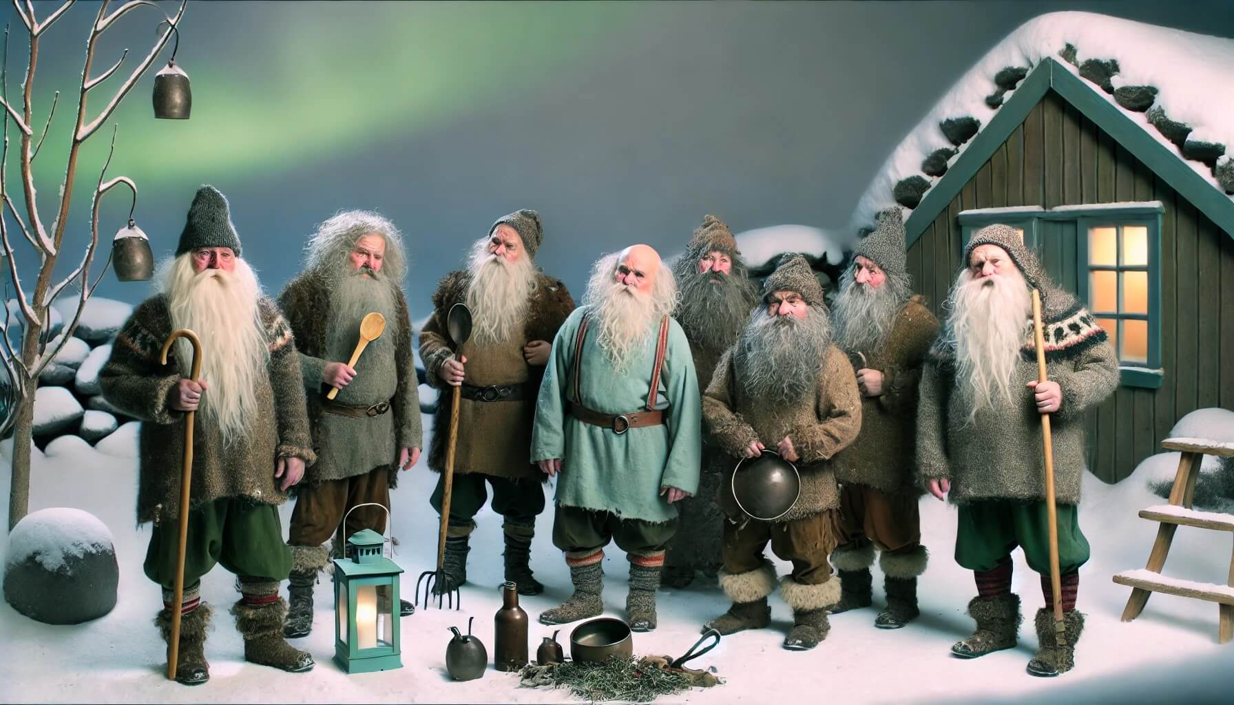 8 Icelandic yule lads standing in front of a cabin in winter with northern lights.