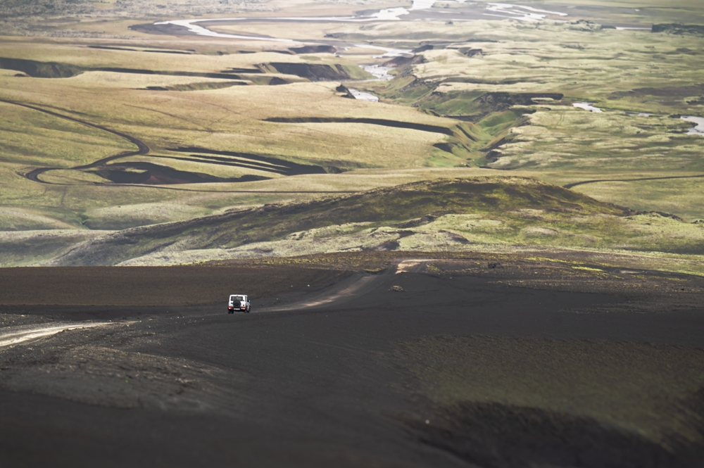 F-road in Iceland. 4x4 driving on the black F-road in Iceland higland.
