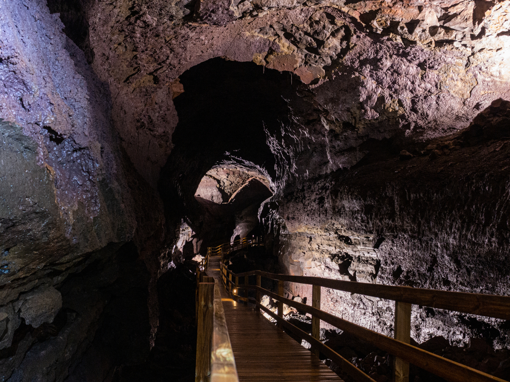Víðgelmir cave. Wooden walk path in Víðgelmir the biggest cave in Iceland.