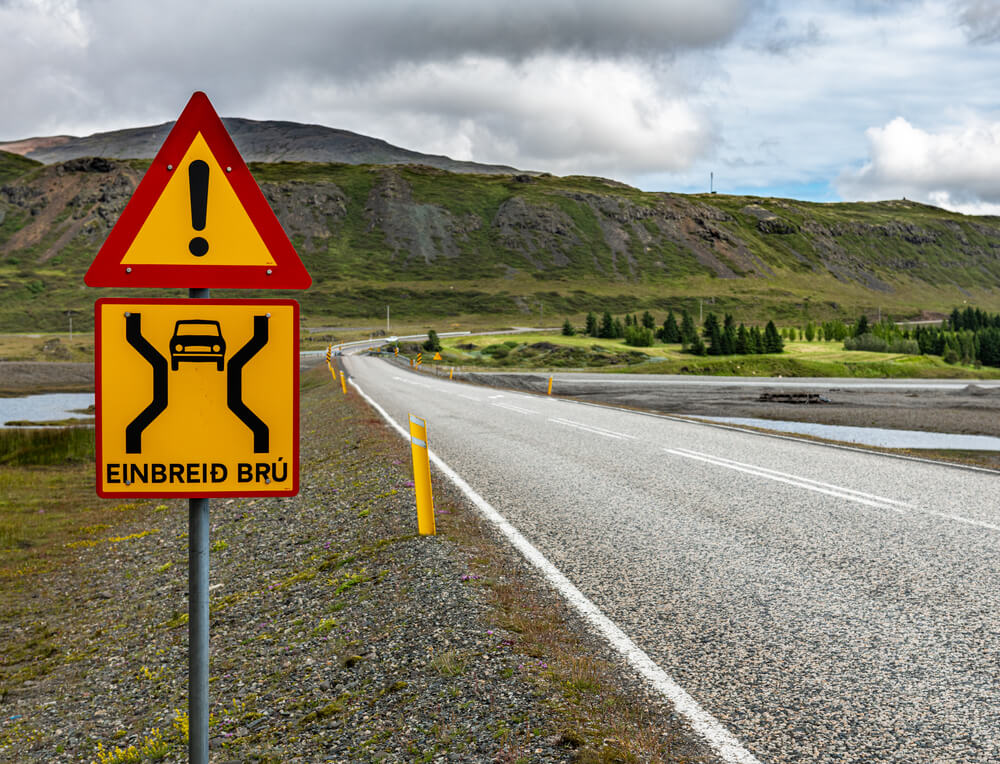 Single lane bridge warning sign in Iceland.