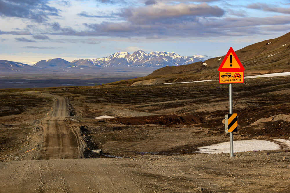 Mountain road sign in Iceland's highland.