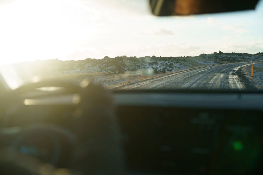 Road view from a rental car in Iceland