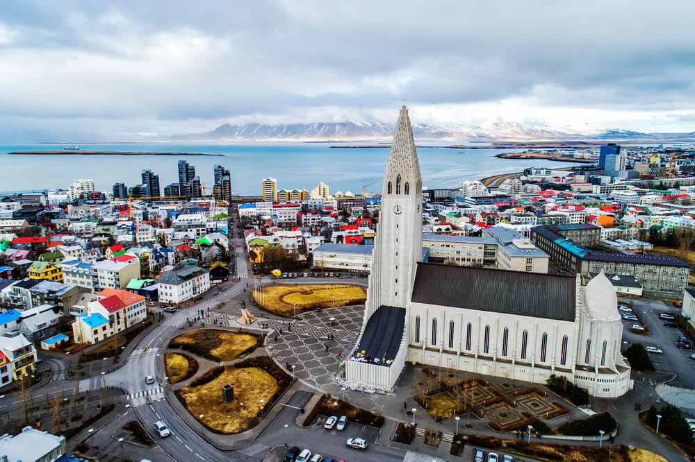 Hallgrímskirkja church and Reykjavik skyline.