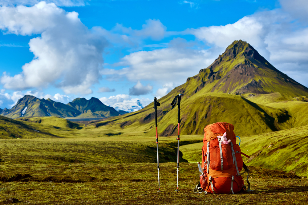 Landmannalaugar hiking setup. Red backpack and walking sticks with the green field of Iceland's highland.