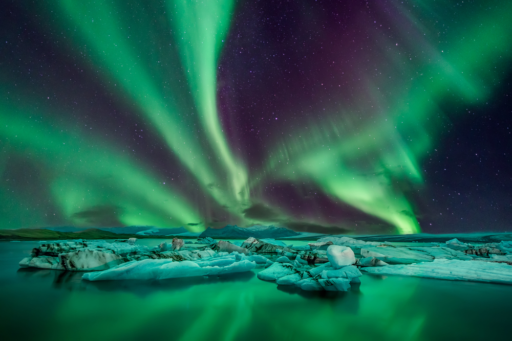 Northern lights in Iceland. Glacier with northern lights above in Iceland.