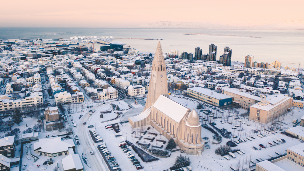 Downtown Reykjavik in winter. Overview of Reykjavik with Hallgrímskirkja in winter.