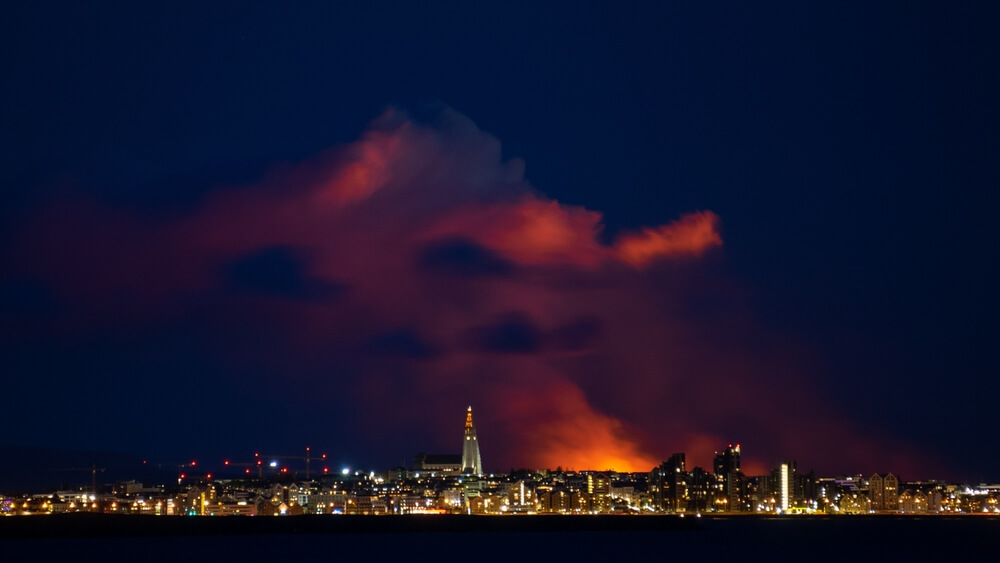 Volcanic eruption and Reykjavik city in Iceland