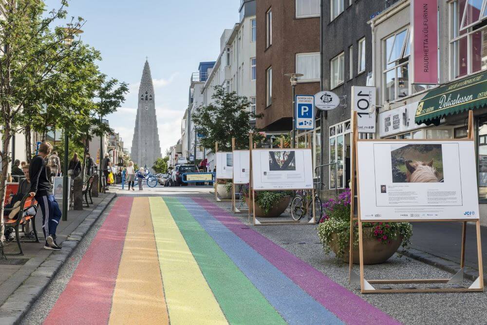 Hallgrimskirkja and Reykjavik Rainbow street. 