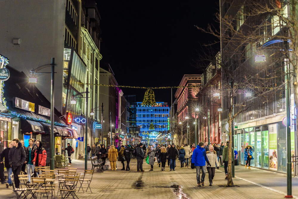 Downtown Reykjavik with Christmas lights. 