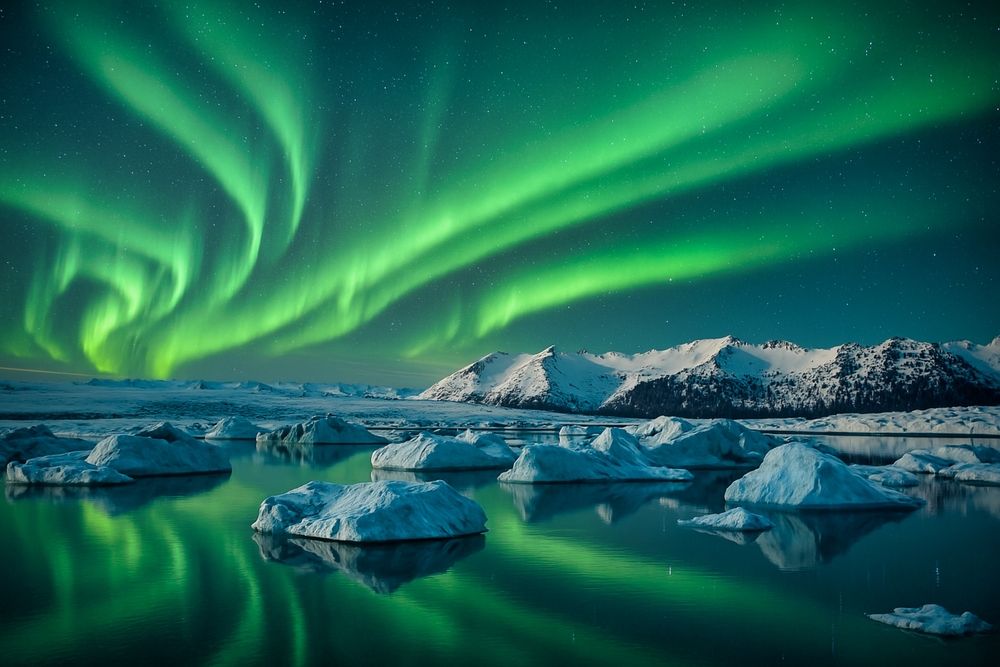 Iceland northern lights. Green northern lights over glacier lagoon in Iceland.