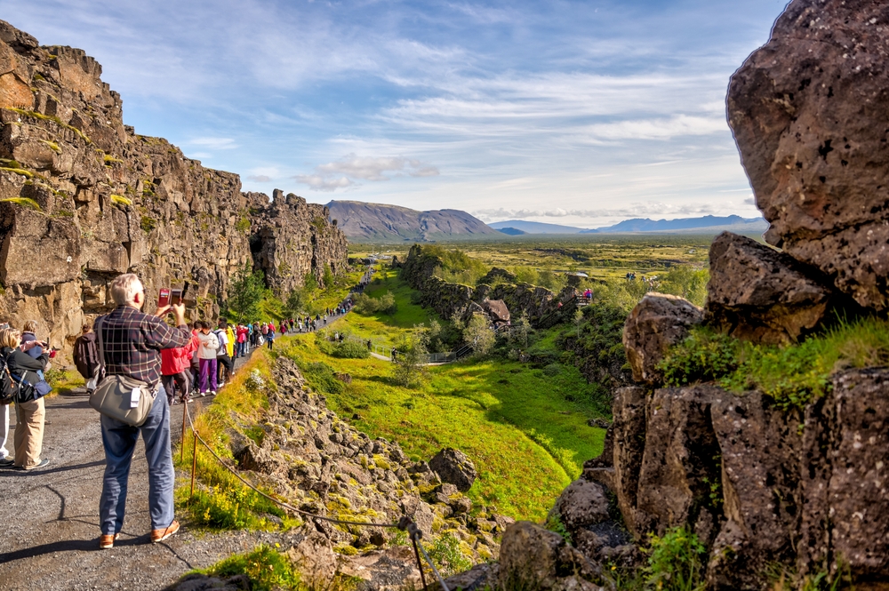 Almannagja gore, Thingvellir National Park. People walking in Almannagjá gorge at thingvellir national park.